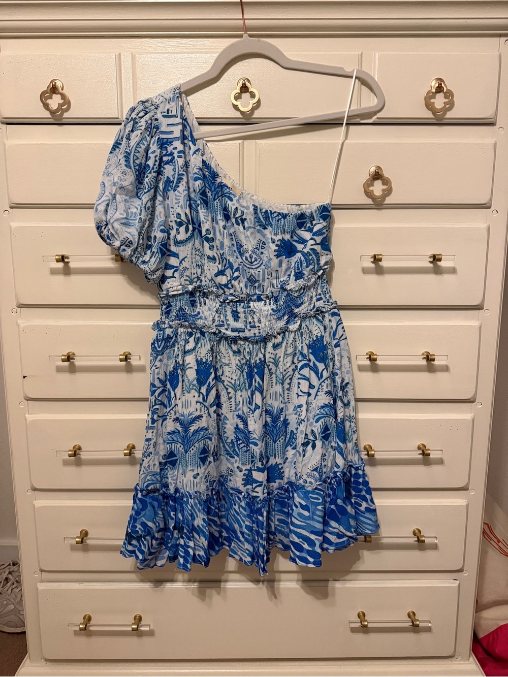 Celina Moon One-Shoulder Blue & White Printed Mini Dress